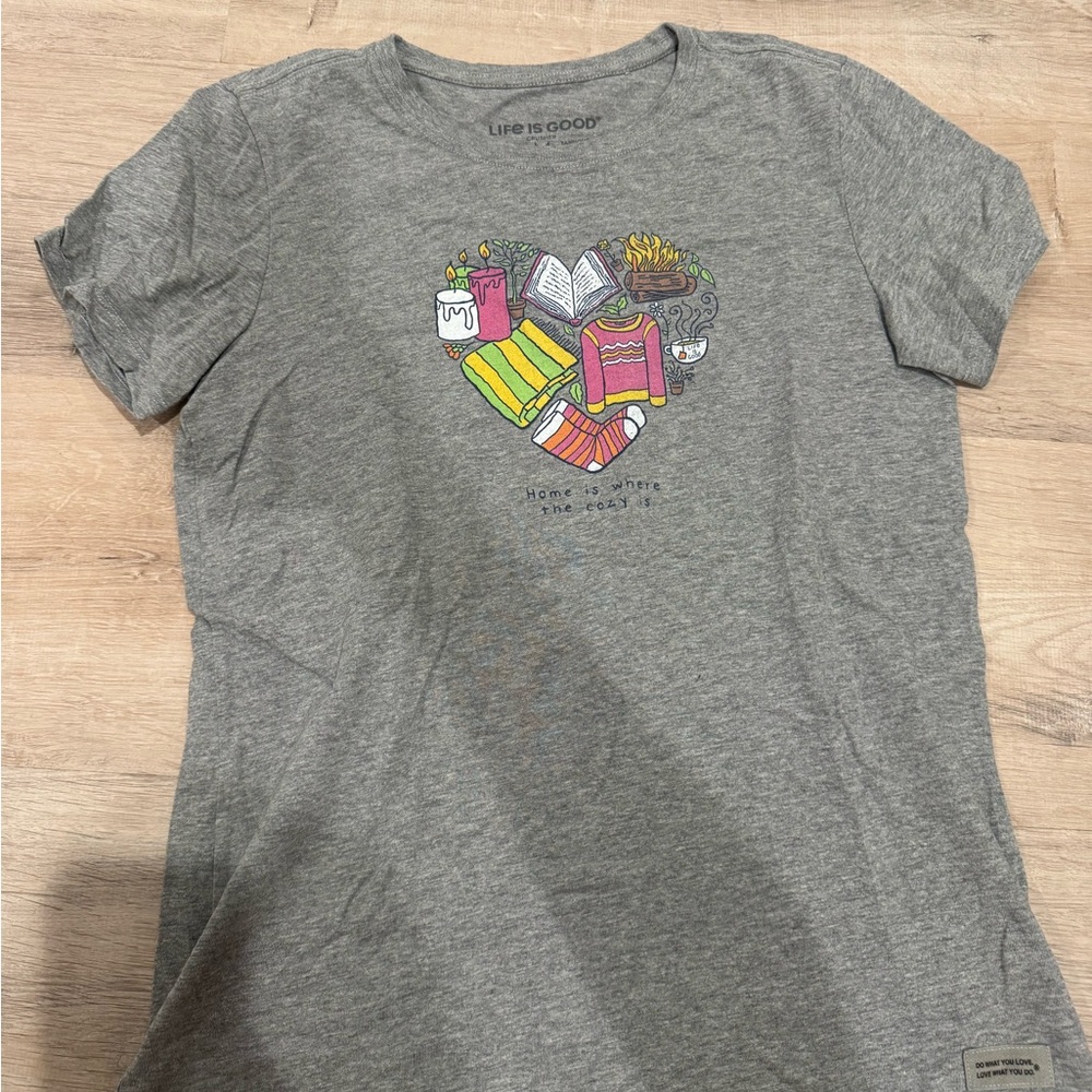 Life Is Good Gray Short-Sleeve Tee with Cozy Reading Heart Graphic
